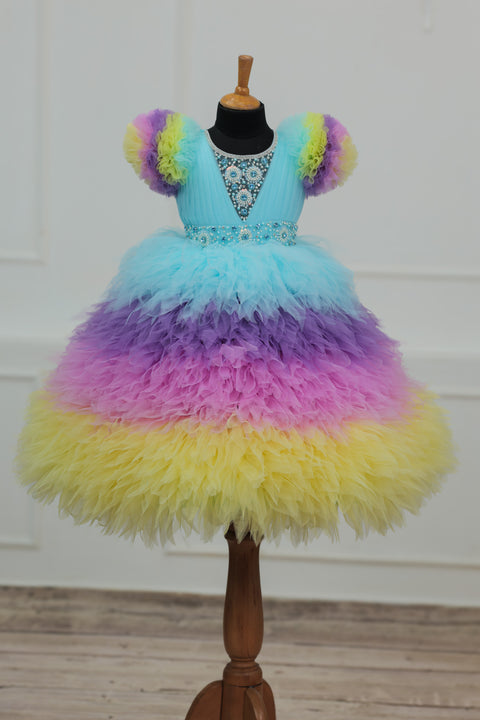 Pre-Order: Multi shade Feather Frilled Gown With Rich Golden Bead Work Gown