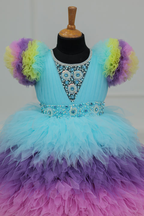 Pre-Order: Multi shade Feather Frilled Gown With Rich Golden Bead Work Gown