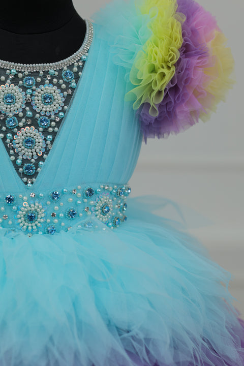 Pre-Order: Multi shade Feather Frilled Gown With Rich Golden Bead Work Gown