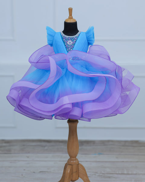 Pre-Order: Sky Blue  and Lavender Twirled Gown with Rich White Bead Work.