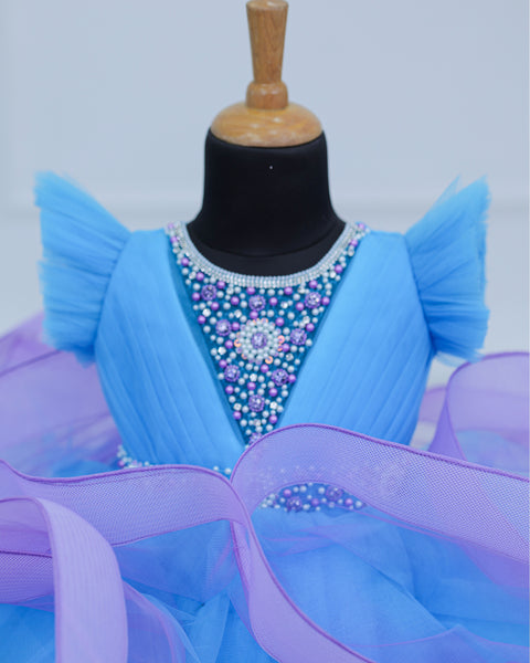 Pre-Order: Sky Blue  and Lavender Twirled Gown with Rich White Bead Work.