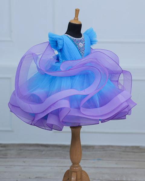 Pre-Order: Sky Blue  and Lavender Twirled Gown with Rich White Bead Work.
