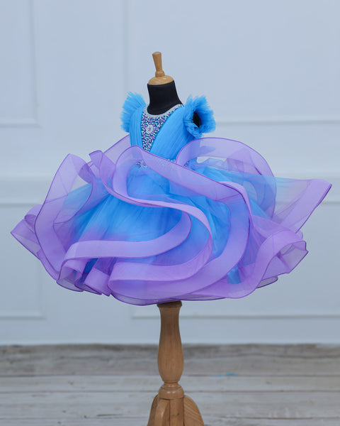 Pre-Order: Sky Blue  and Lavender Twirled Gown with Rich White Bead Work.