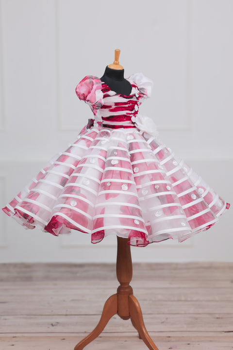 Pre-Order: White & Red Floral Printed ORGANZA Gown..
