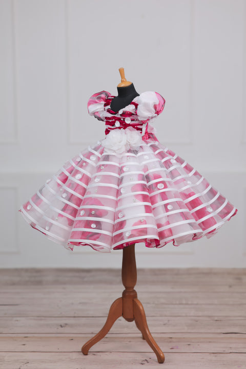 Pre-Order: White & Red Floral Printed ORGANZA Gown..