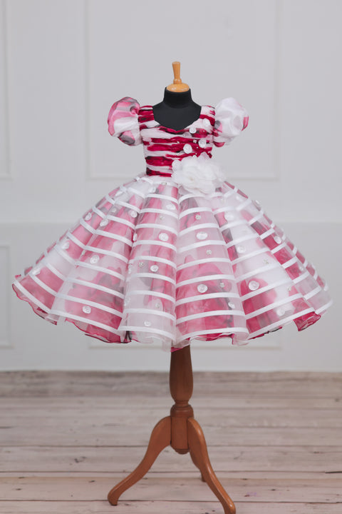 Pre-Order: White & Red Floral Printed ORGANZA Gown..