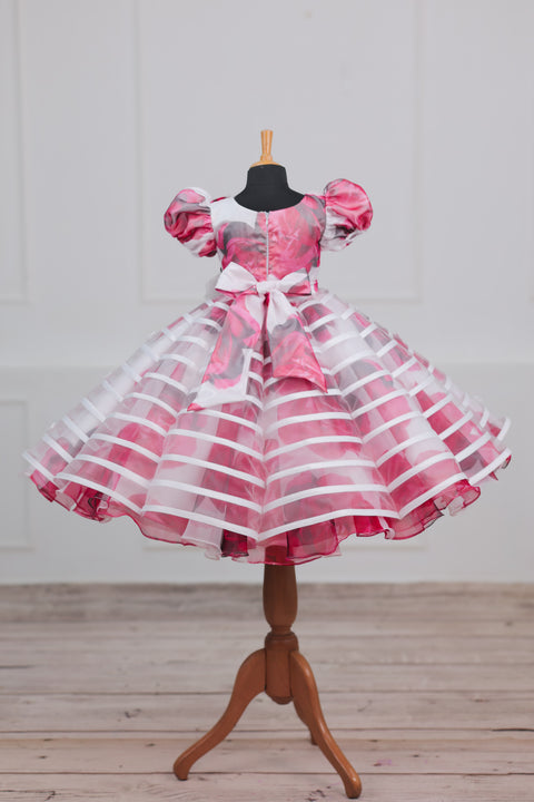 Pre-Order: White & Red Floral Printed ORGANZA Gown..