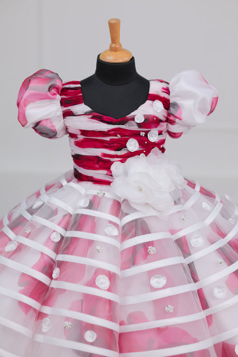 Pre-Order: White & Red Floral Printed ORGANZA Gown..