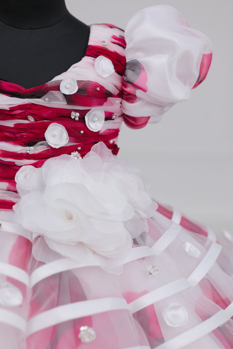 Pre-Order: White & Red Floral Printed ORGANZA Gown..