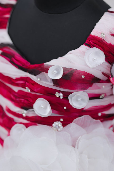 Pre-Order: White & Red Floral Printed ORGANZA Gown..