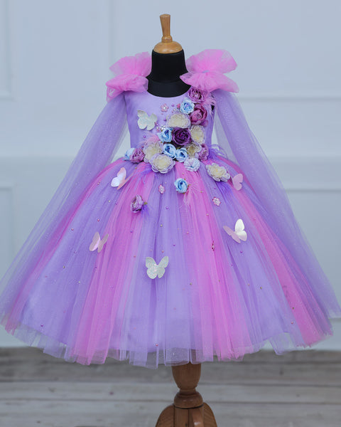 Pre-Order: Pink & Lavender Shade Ball Gown with Attachable Sleeve Trail