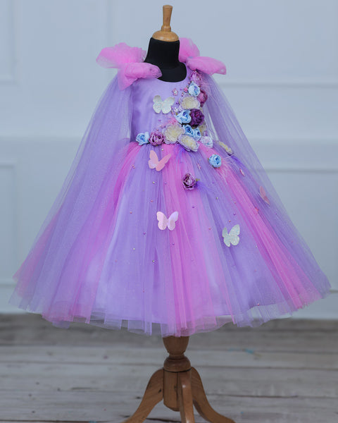 Pre-Order: Pink & Lavender Shade Ball Gown with Attachable Sleeve Trail