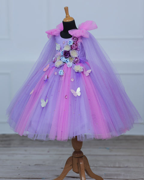 Pre-Order: Pink & Lavender Shade Ball Gown with Attachable Sleeve Trail