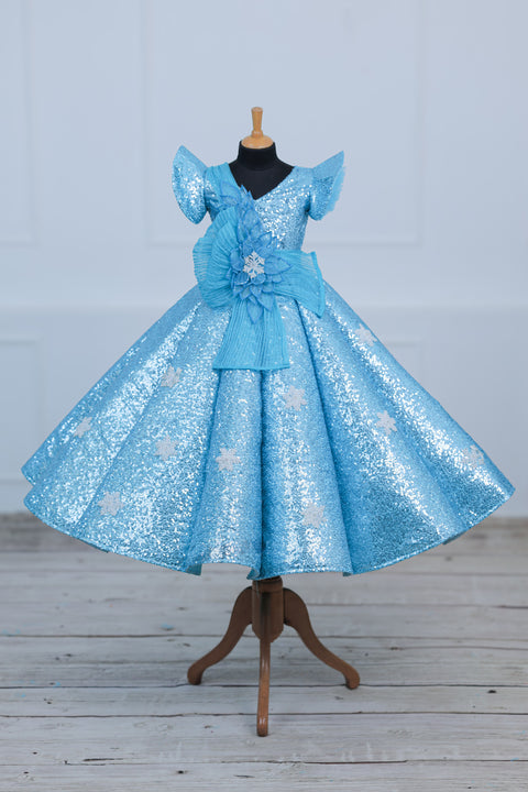 Pre-Order: Sky Blue Flip Up SEQUENCE Panel Gown with Fabric Manipulated Twirled Detachable Belt.
