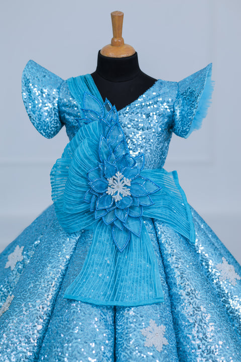 Pre-Order: Sky Blue Flip Up SEQUENCE Panel Gown with Fabric Manipulated Twirled Detachable Belt.