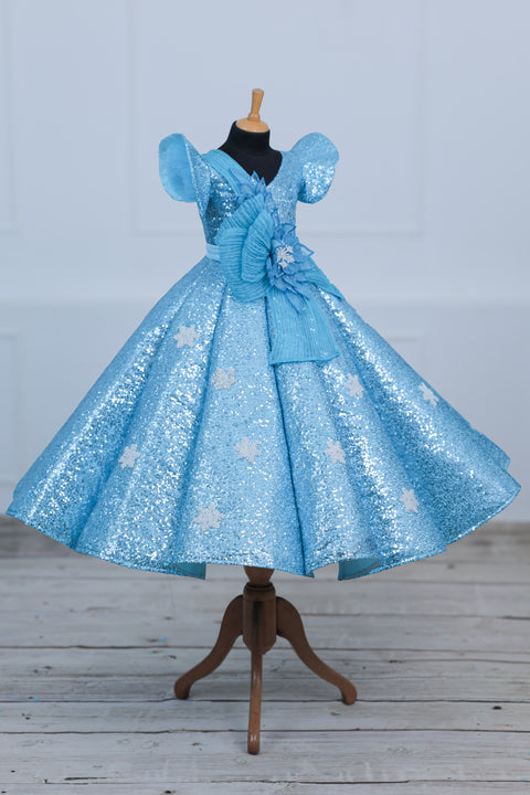 Pre-Order: Sky Blue Flip Up SEQUENCE Panel Gown with Fabric Manipulated Twirled Detachable Belt.