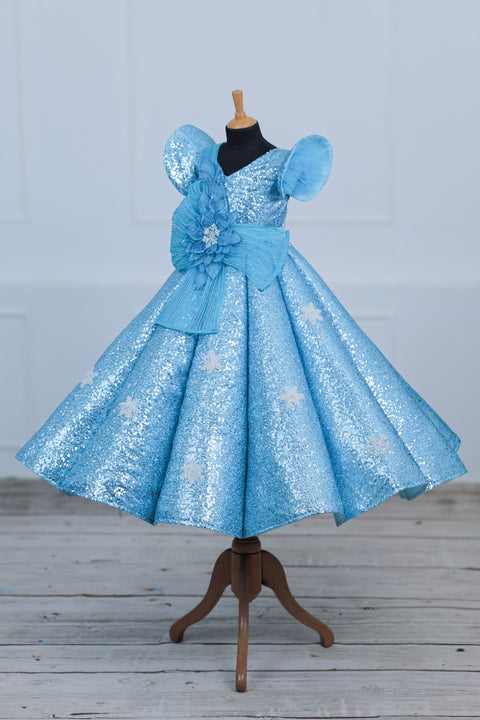 Pre-Order: Sky Blue Flip Up SEQUENCE Panel Gown with Fabric Manipulated Twirled Detachable Belt.