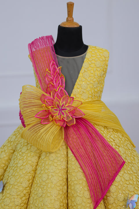 Pre-Order: Dark Pink and Lemon Yellow Double Shaded Panel Gown with Fabric Manipulated Twirled Detachable Belt.