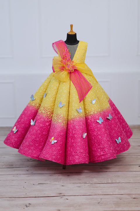 Pre-Order: Dark Pink and Lemon Yellow Double Shaded Panel Gown with Fabric Manipulated Twirled Detachable Belt.