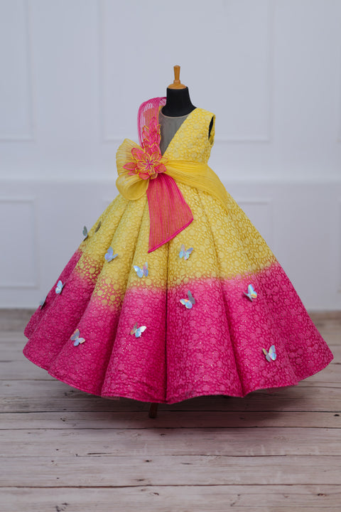 Pre-Order: Dark Pink and Lemon Yellow Double Shaded Panel Gown with Fabric Manipulated Twirled Detachable Belt.
