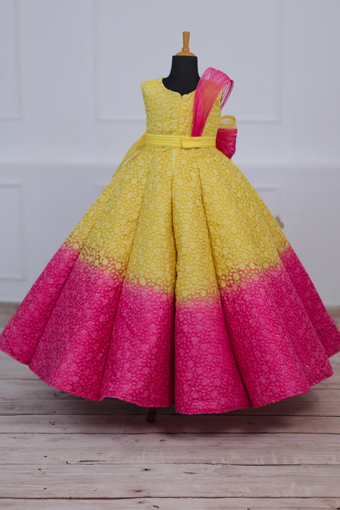 Pre-Order: Dark Pink and Lemon Yellow Double Shaded Panel Gown with Fabric Manipulated Twirled Detachable Belt.