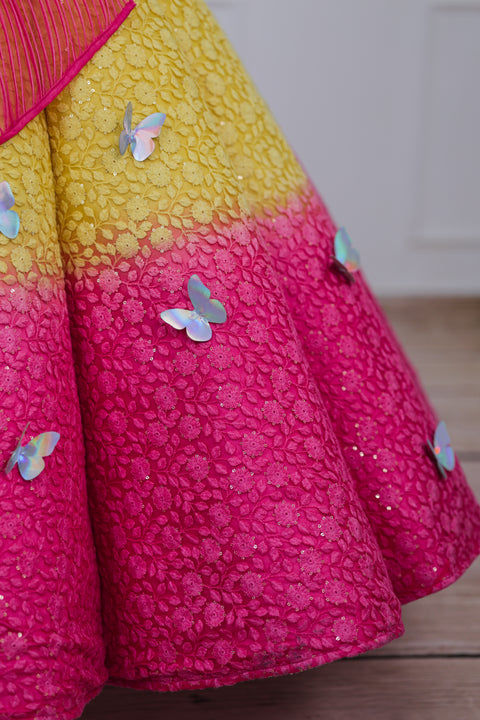 Pre-Order: Dark Pink and Lemon Yellow Double Shaded Panel Gown with Fabric Manipulated Twirled Detachable Belt.