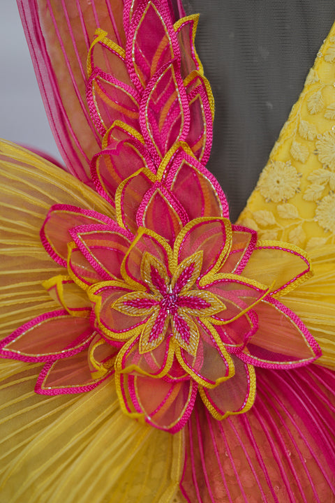 Pre-Order: Dark Pink and Lemon Yellow Double Shaded Panel Gown with Fabric Manipulated Twirled Detachable Belt.