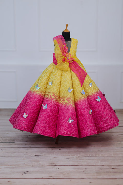 Pre-Order: Dark Pink and Lemon Yellow Double Shaded Panel Gown with Fabric Manipulated Twirled Detachable Belt.