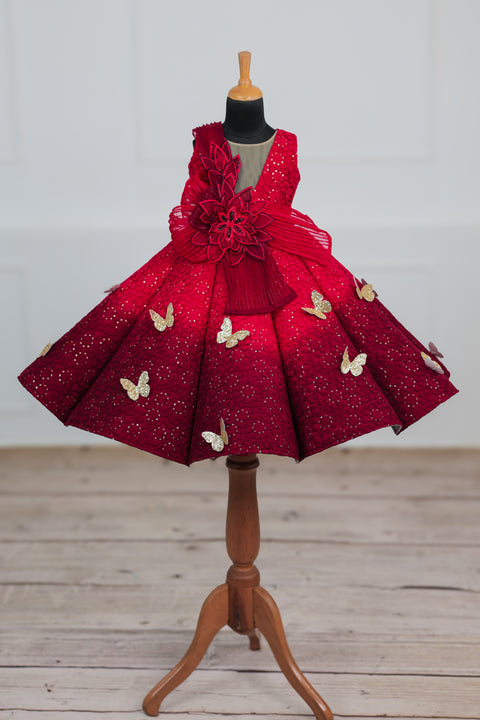 Pre-Order: Red & wine Red Double Shaded Panel Gown with Fabric Manipulated Twirle