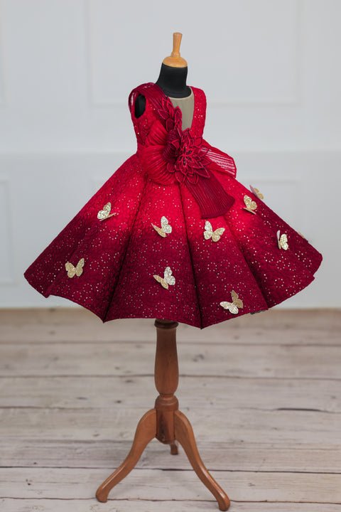Pre-Order: Red & wine Red Double Shaded Panel Gown with Fabric Manipulated Twirle