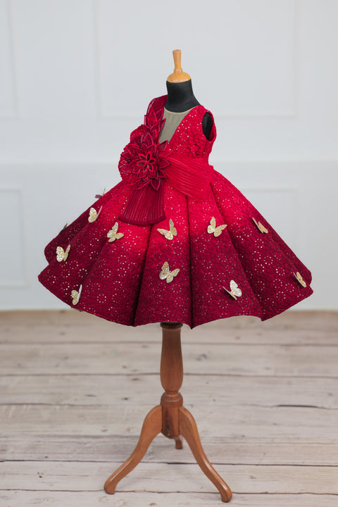 Pre-Order: Red & wine Red Double Shaded Panel Gown with Fabric Manipulated Twirle