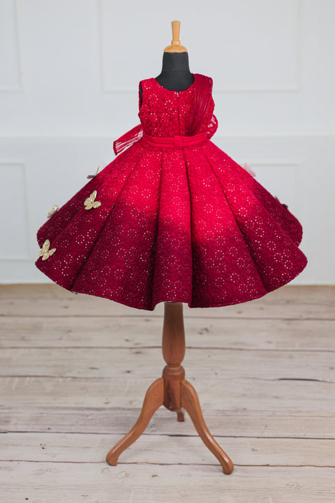 Pre-Order: Red & wine Red Double Shaded Panel Gown with Fabric Manipulated Twirle
