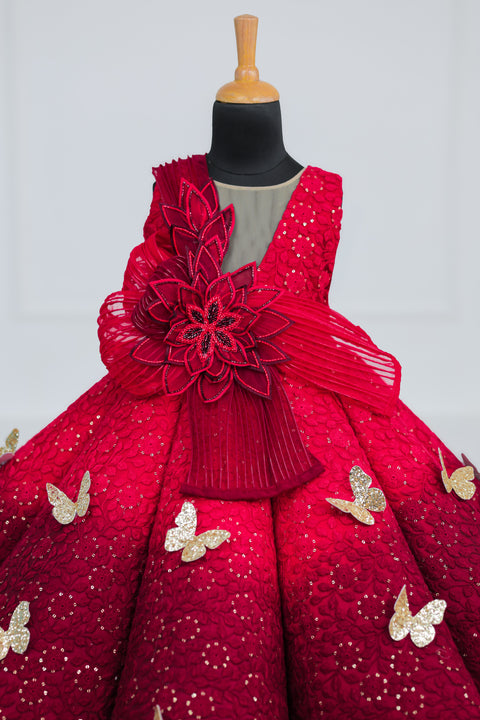 Pre-Order: Red & wine Red Double Shaded Panel Gown with Fabric Manipulated Twirle