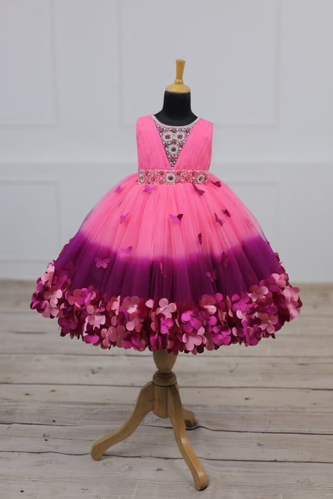 Pre-Order: Rose Pink  and Plum Purple Ombre Shaded Gown with Rich White Bead Work