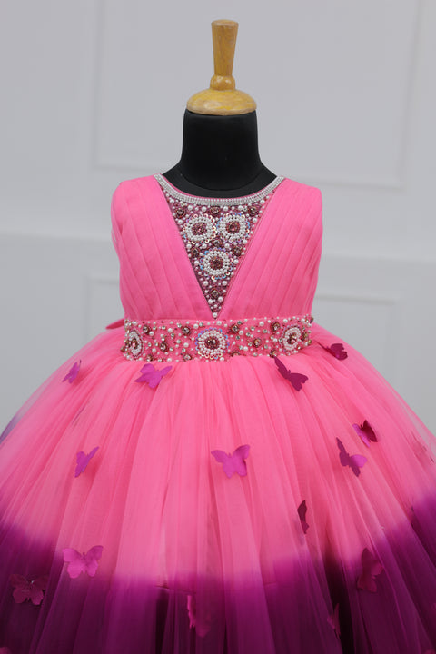 Pre-Order: Rose Pink  and Plum Purple Ombre Shaded Gown with Rich White Bead Work