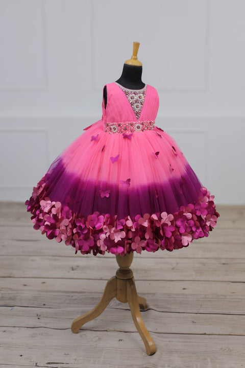 Pre-Order: Rose Pink  and Plum Purple Ombre Shaded Gown with Rich White Bead Work