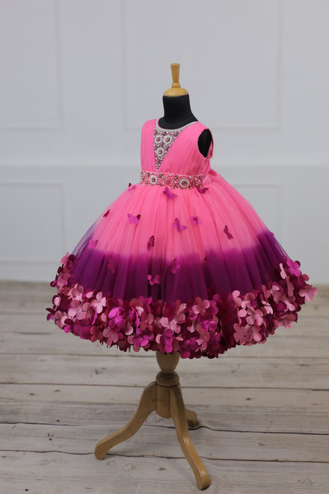 Pre-Order: Rose Pink  and Plum Purple Ombre Shaded Gown with Rich White Bead Work