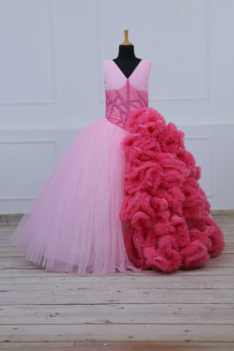 Pre-Order: Cherry Blossom with Rose Pink Combo Couture Gown with Frill Details