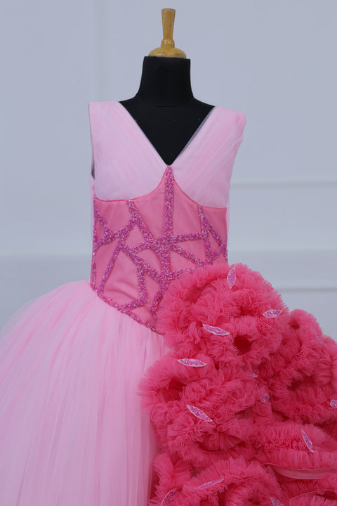 Pre-Order: Cherry Blossom with Rose Pink Combo Couture Gown with Frill Details