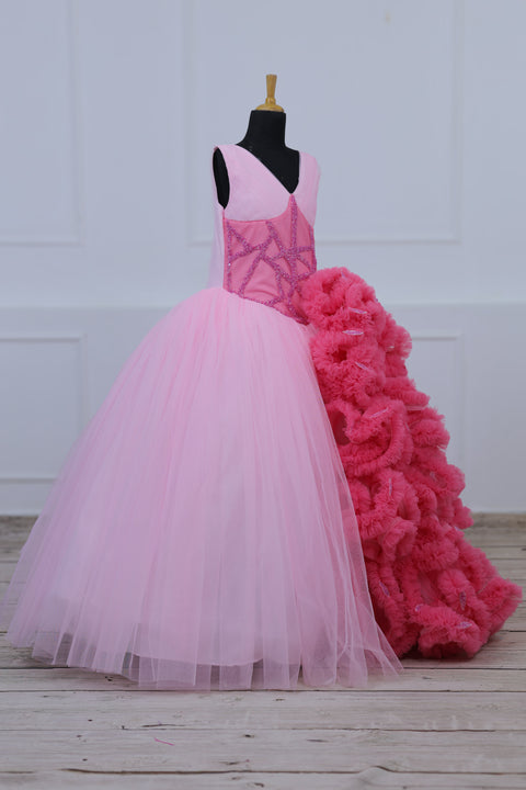 Pre-Order: Cherry Blossom with Rose Pink Combo Couture Gown with Frill Details