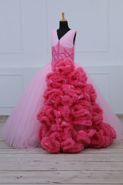 Pre-Order: Cherry Blossom with Rose Pink Combo Couture Gown with Frill Details