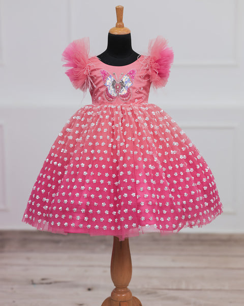 Pre-Order: Flamingo Pink Butterfly Theme Dress Highlighted With Handwork