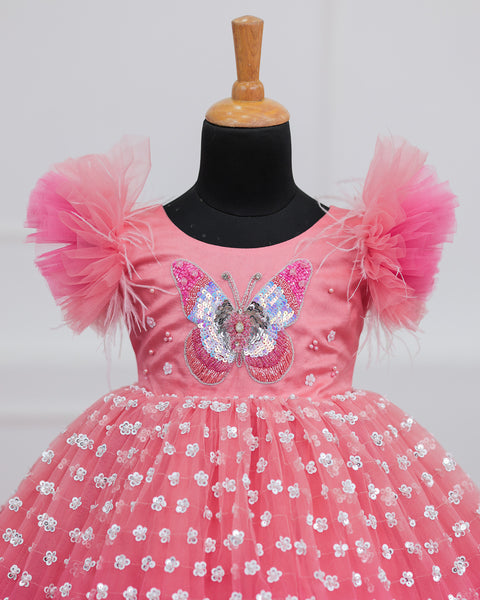 Pre-Order: Flamingo Pink Butterfly Theme Dress Highlighted With Handwork