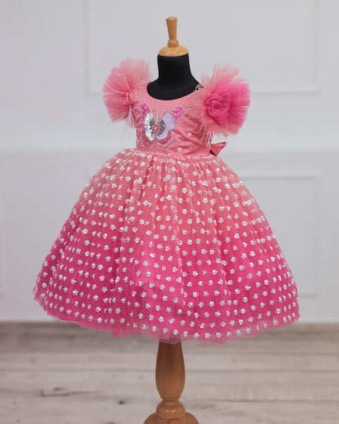 Pre-Order: Flamingo Pink Butterfly Theme Dress Highlighted With Handwork