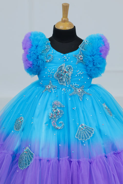 Pre-Order: Aquamarine - Skyblue & Lavender Double Shaded Party Gown with Heavy Bead Patches of Underwater Theme