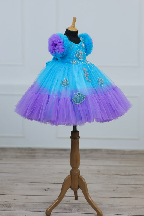 Pre-Order: Aquamarine - Skyblue & Lavender Double Shaded Party Gown with Heavy Bead Patches of Underwater Theme