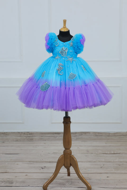 Pre-Order: Aquamarine - Skyblue & Lavender Double Shaded Party Gown with Heavy Bead Patches of Underwater Theme
