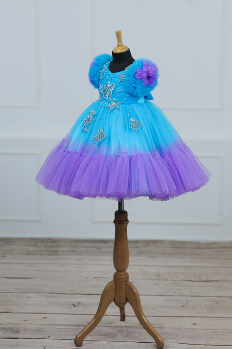 Pre-Order: Aquamarine - Skyblue & Lavender Double Shaded Party Gown with Heavy Bead Patches of Underwater Theme
