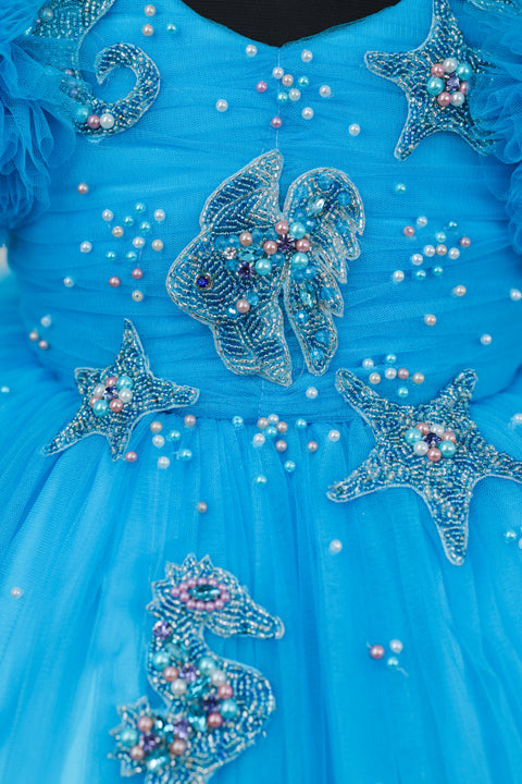 Pre-Order: Aquamarine - Skyblue & Lavender Double Shaded Party Gown with Heavy Bead Patches of Underwater Theme