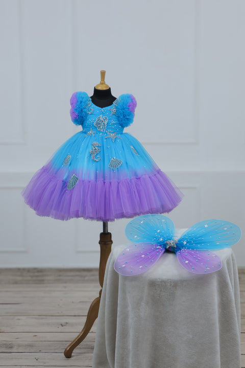 Pre-Order: Aquamarine - Skyblue & Lavender Double Shaded Party Gown with Heavy Bead Patches of Underwater Theme